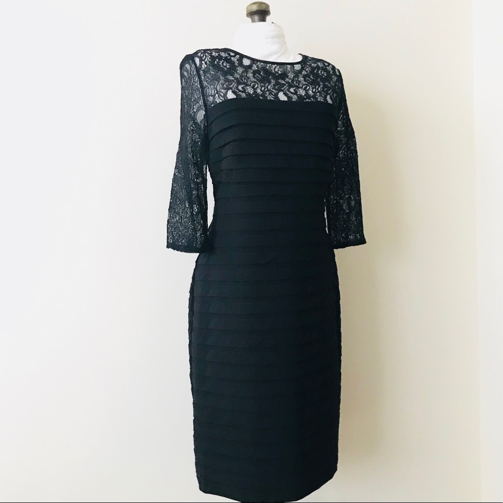 Adrianna Papell Pleated Lace Top Little Black Dress Sz 8